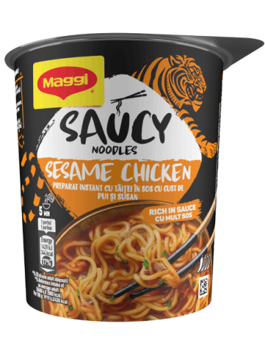MAGGI Saucy Noodles, instant rezanci v pikantni omaki z okusom piščanca in sezama, lonček, 75 g_FOP